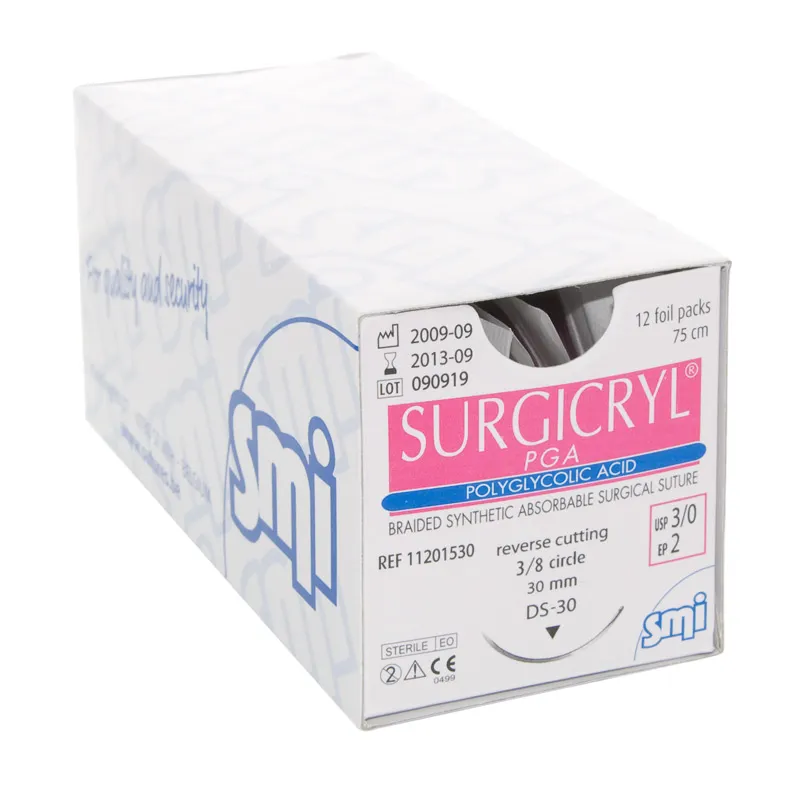 [11301524] Boite de 12 pochettes Surgicryl Pga Usp 2/0 Smi avec aiguilles serties 24 mm