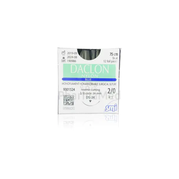 [9301524] Boîte de 12 pochettes Daclon nylon Monofil Usp 2/0 Smi avec aiguilles serties 24 mm